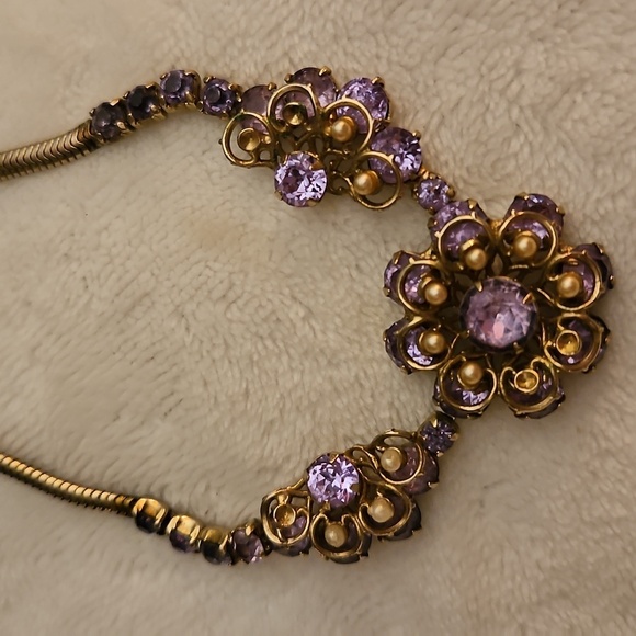 Vtg KRAMER NY 1960s Purple Crystal Floral Bridal Choker Necklace - Picture 8 of 8